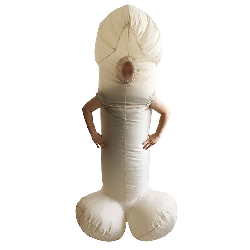 Front view of a person wearing an inflatable white penis costume with testicles