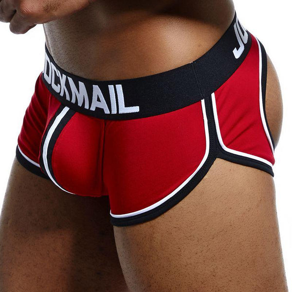 Red backless sports boxers with black-and-white trim and JOCKMAIL waistband