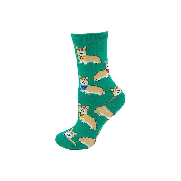 Green crew socks with repeating illustrated corgi pattern