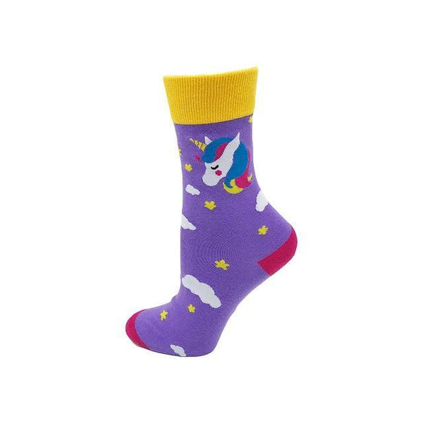 Purple unicorn crew sock with yellow cuff, clouds, stars, and pink toe and heel