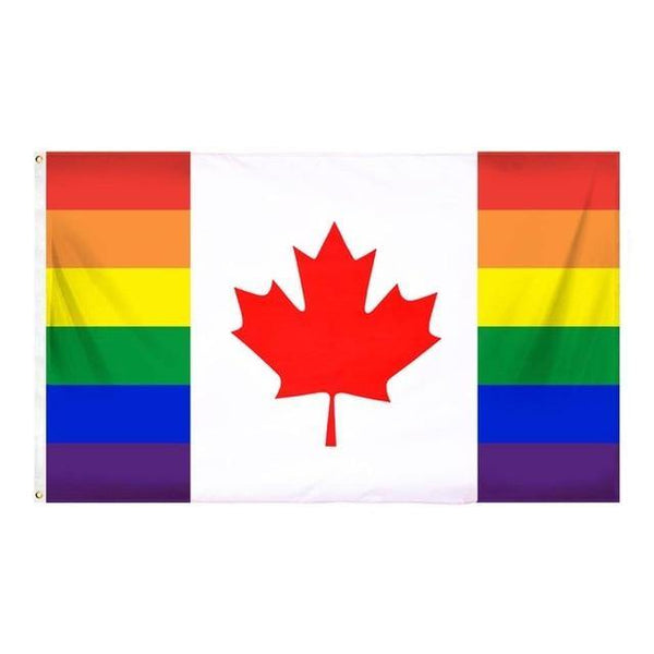 Canada Pride flag with rainbow-striped sides and a red maple leaf on white