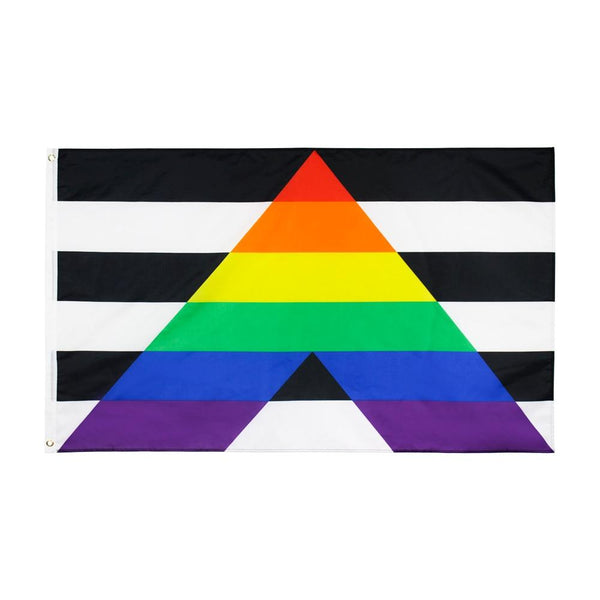 Straight ally Pride flag with black-and-white stripes and rainbow triangle