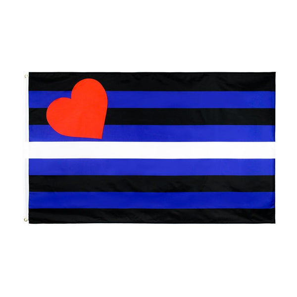 Gay leather pride flag with black and blue stripes and a red heart