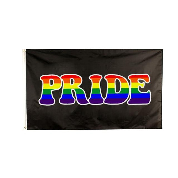 Black Pride flag with large rainbow-striped “PRIDE” lettering