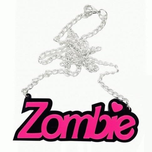 Pink and black “Zombie” acrylic statement necklace with silver chain