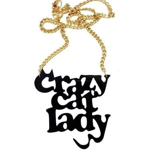 Black acrylic “Crazy Cat Lady” statement necklace with a gold-tone chain
