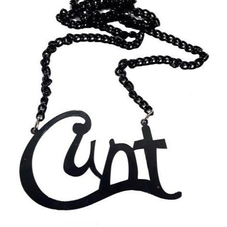 Black acrylic “Cunt” statement necklace with a chunky chain