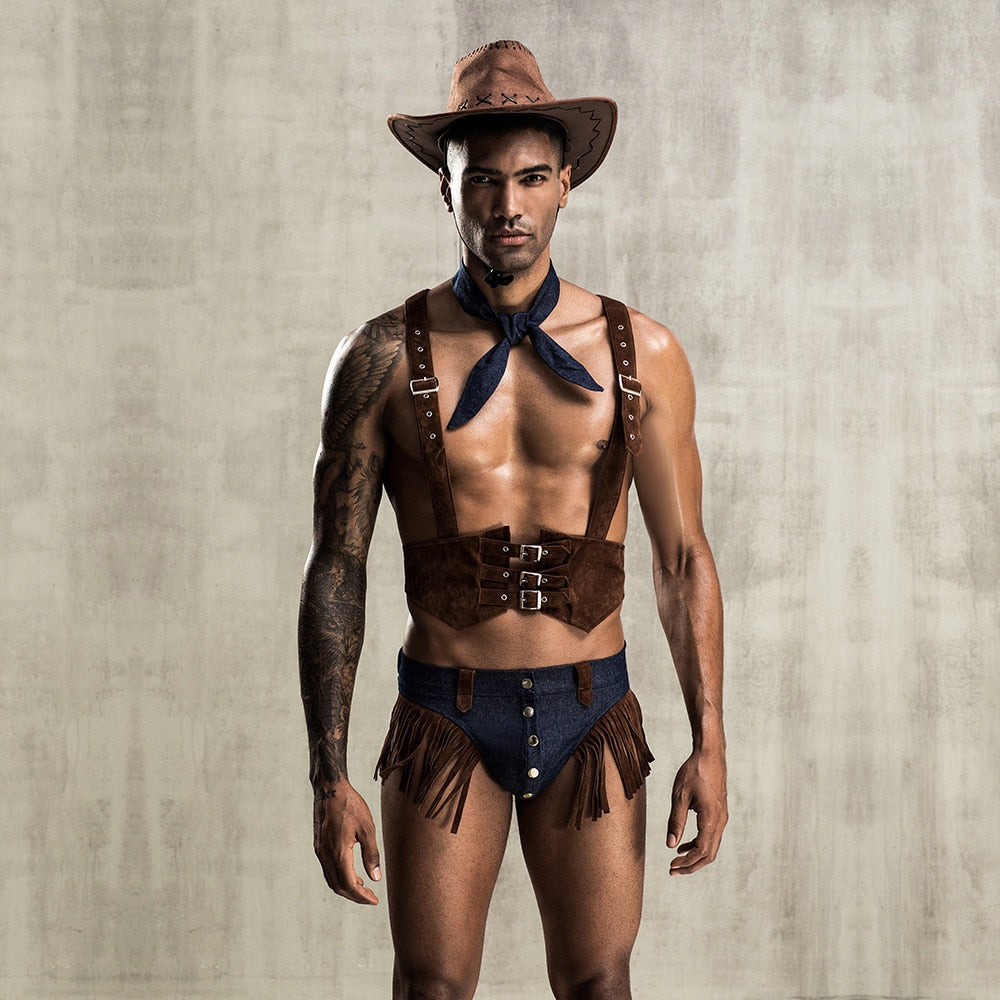 Gay ranch-hand costume with cowboy hat, neckerchief, brown harness and fringed denim briefs