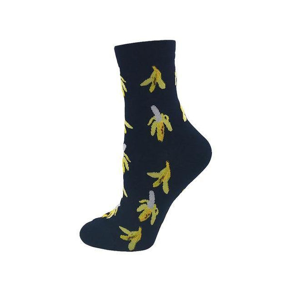 Black crew socks covered in yellow banana prints