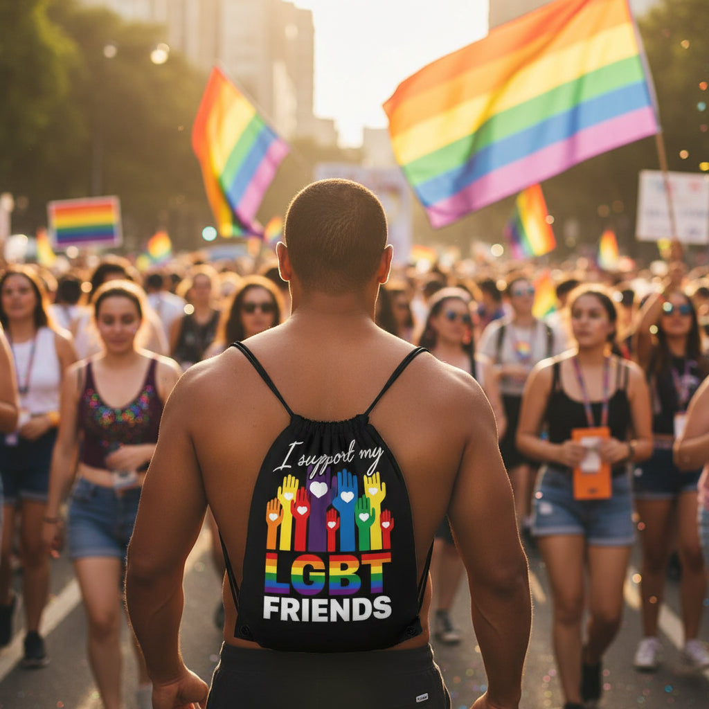 Person wearing an LGBT Friends drawstring bag at a Pride parade