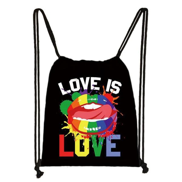 Black drawstring bag with colorful rainbow lips graphic and “LOVE IS LOVE” text