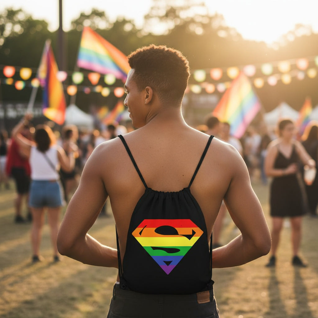 Black Superman rainbow Pride drawstring bag worn at an outdoor Pride festival