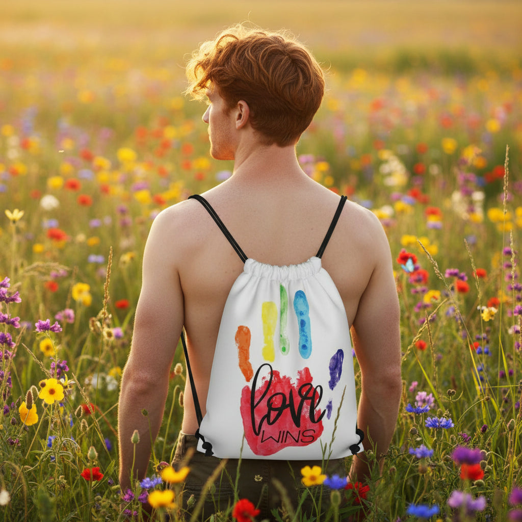 White Love Wins drawstring bag with colorful painted lettering, worn in a wildflower meadow