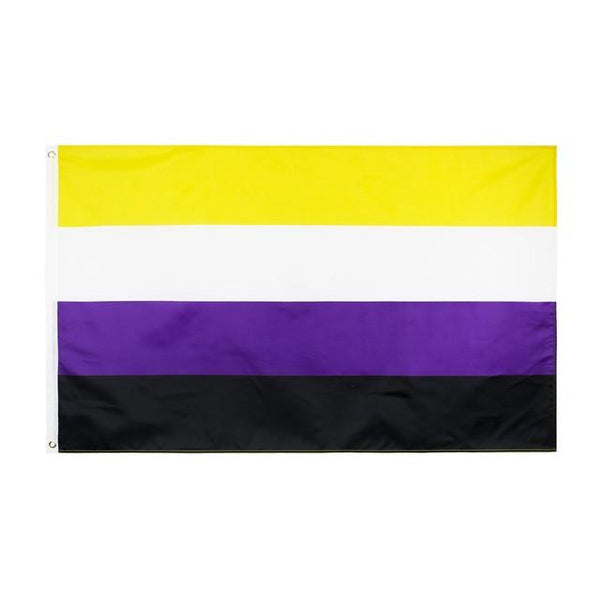 Non-binary pride flag with yellow, white, purple, and black horizontal stripes