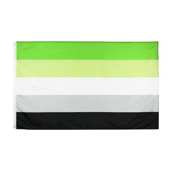 Aromantic pride flag with green, pale green, white, gray, and black horizontal stripes