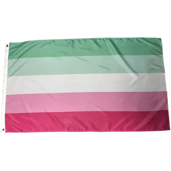 Abrosexual Pride flag with horizontal green, white, gray, pink, and magenta stripes