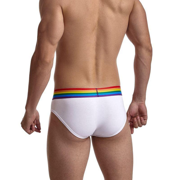 Rear view of white boxer briefs with a rainbow Pride stripe waistband