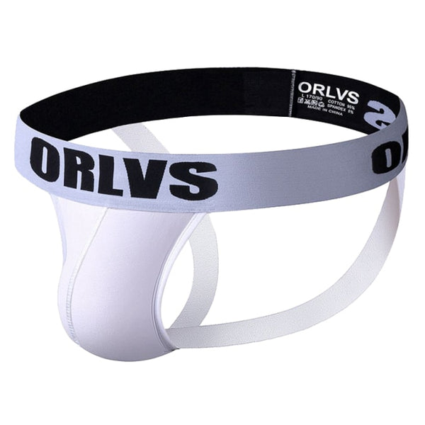 Close-up of a white jockstrap with a black ORLVS logo waistband and rear support straps