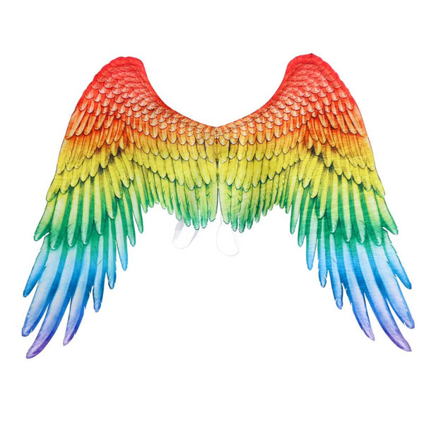 Rainbow angel wings costume accessory with layered red, yellow, green, blue, and purple feathers