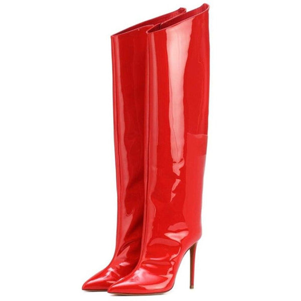 Red patent thigh-high stiletto boots with pointed toes, shown as a pair against a white background