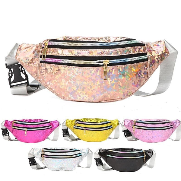 Iridescent holographic fanny pack with three zippered compartments and adjustable strap, shown with color options