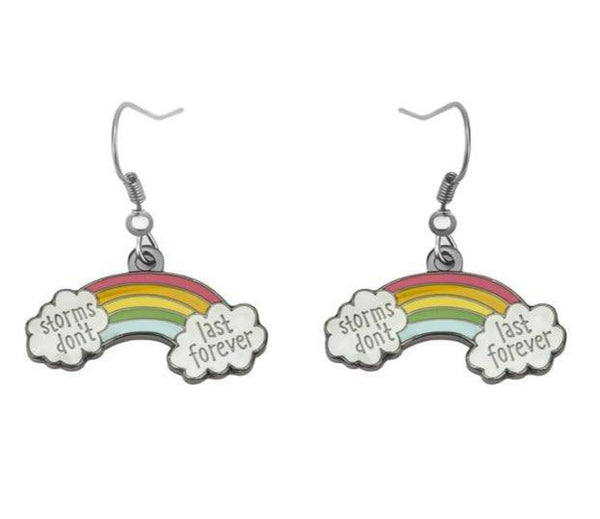 Rainbow earrings with cloud charms reading “storms don’t” and “last forever”
