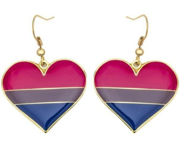 Bisexual pride heart earrings with pink, purple, and blue enamel stripes