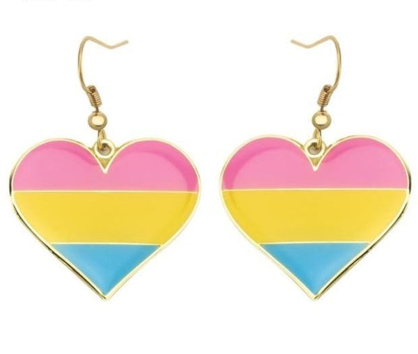 Pansexual pride heart earrings with pink, yellow, and blue horizontal stripes