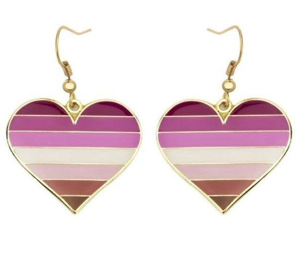 Lesbian pride heart earrings with pink, white, and dark rose horizontal stripes