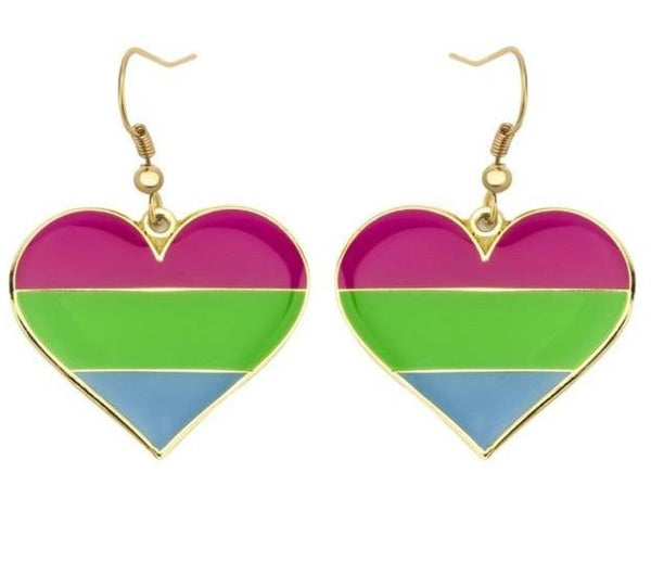 Close-up of gold-tone heart earrings with pink, green, and blue horizontal stripes