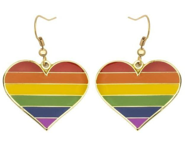 Rainbow lesbian pride heart drop earrings with gold-tone hooks