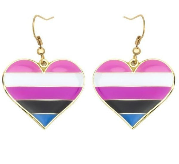 Genderfluid pride heart drop earrings with pink, white, black, and blue stripes