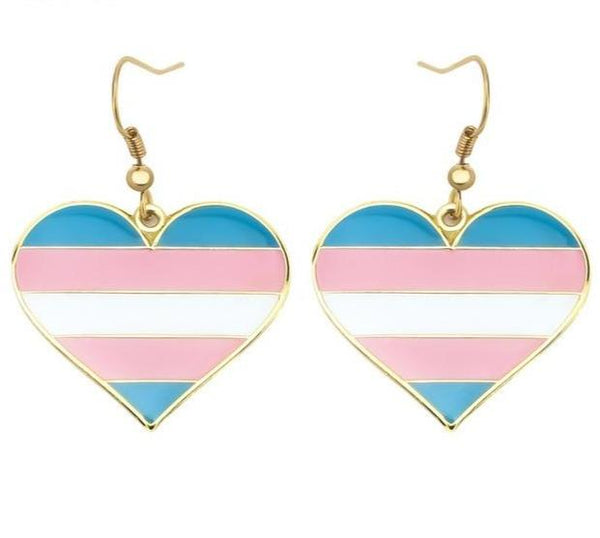 Trans pride heart earrings with blue, pink and white stripes in gold-tone frames