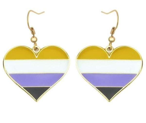 Non-binary pride heart earrings with yellow, white, purple, and black stripes