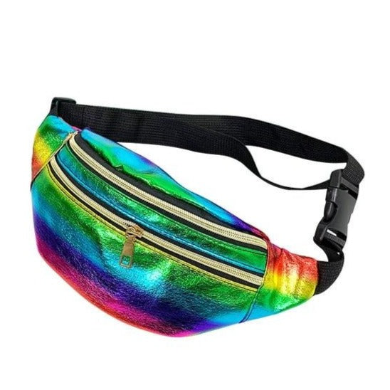Rainbow metallic fanny pack with two zippered compartments and an adjustable black strap
