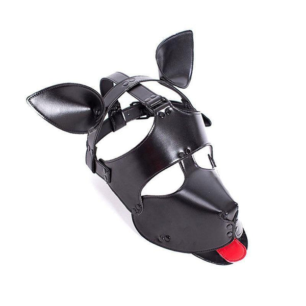 Black leather puppy play mask with pointed ears, muzzle opening, buckled straps and red tongue