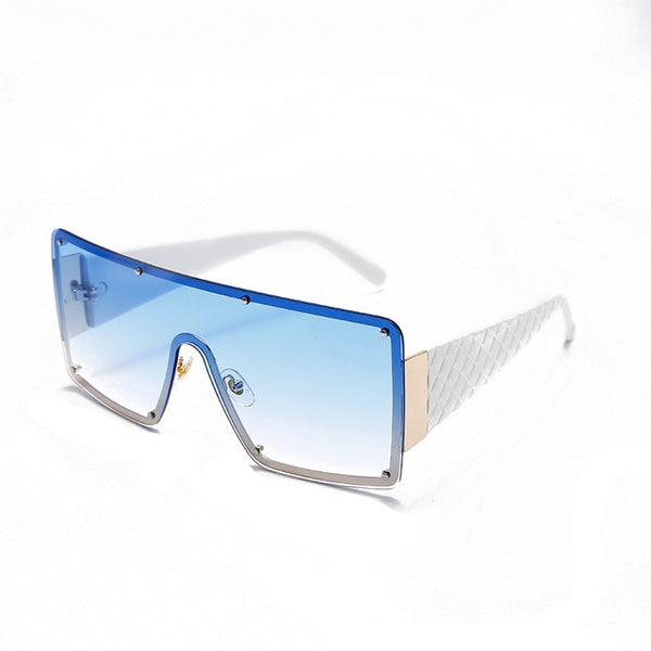Oversized blue gradient shield sunglasses with white textured arms