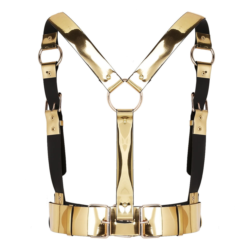 Front-facing black and gold strap harness with rings and a wide metallic waist belt