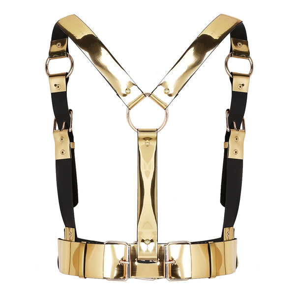 Front-facing black and gold strap harness with rings and a wide metallic waist belt