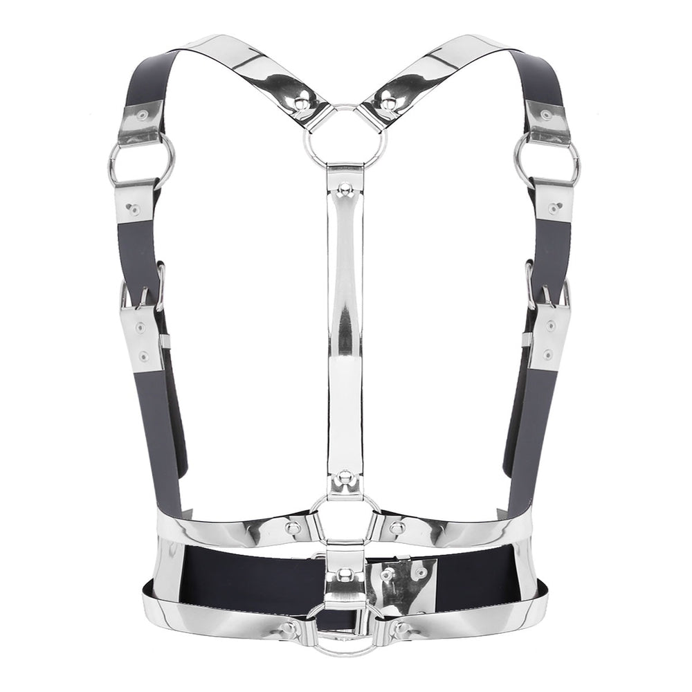 Front-facing black and silver leather-style body harness with multiple straps and metal rings