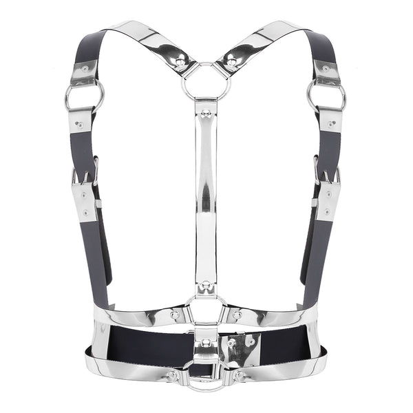 Front-facing black and silver leather-style body harness with multiple straps and metal rings