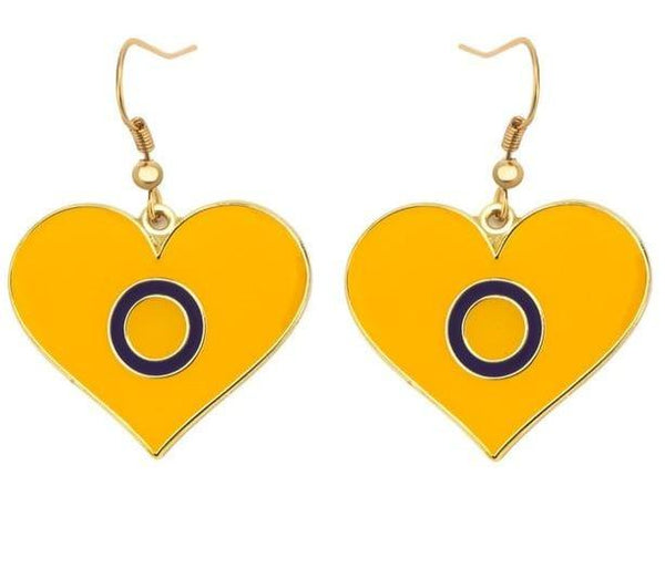 Pair of yellow intersex pride heart earrings with purple ring symbols and gold hooks