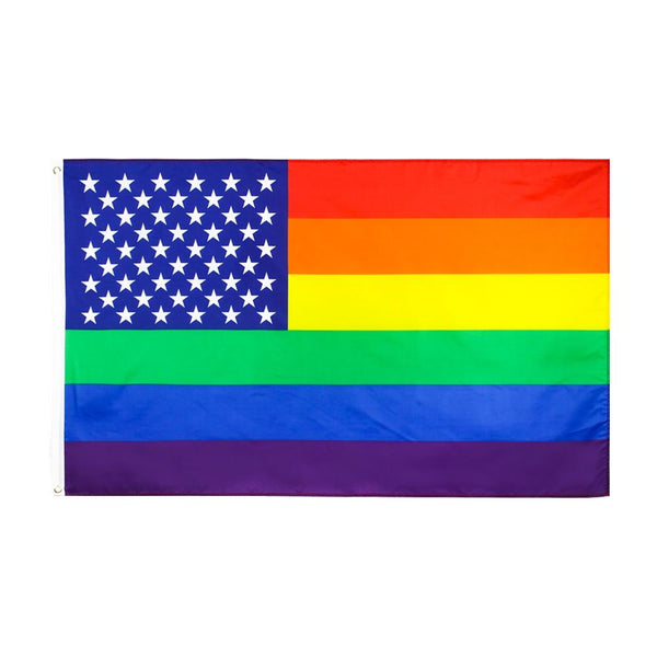 Gay Pride flag combining an American flag canton with rainbow stripes, shown flat with grommets