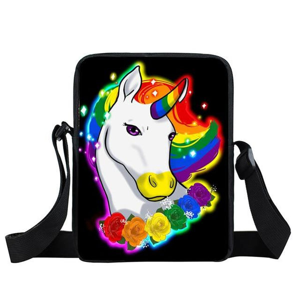 Black shoulder bag with a white unicorn, rainbow mane and horn, and colorful flowers