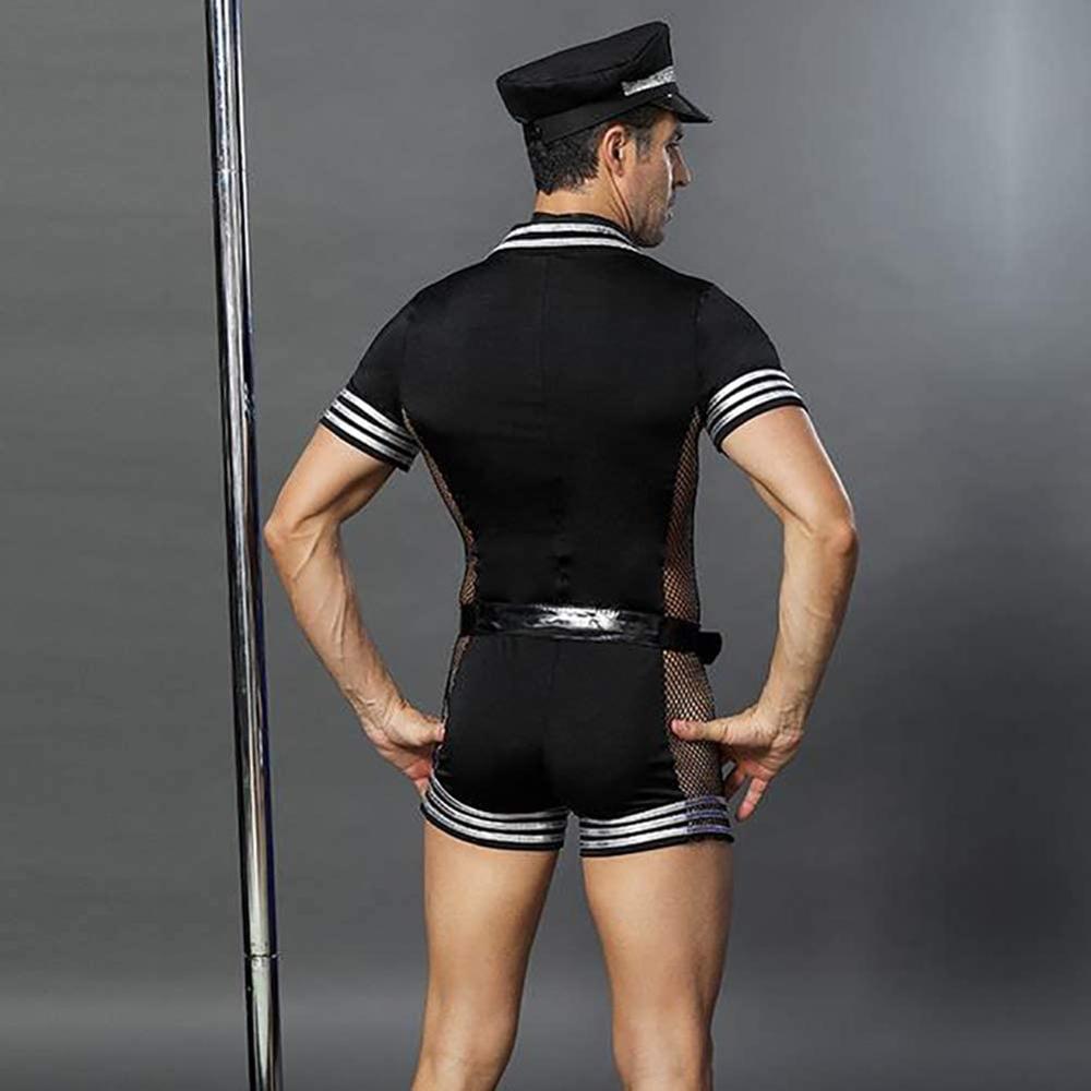 Rear view of a model in a black pilot costume with mesh side panels and striped trim