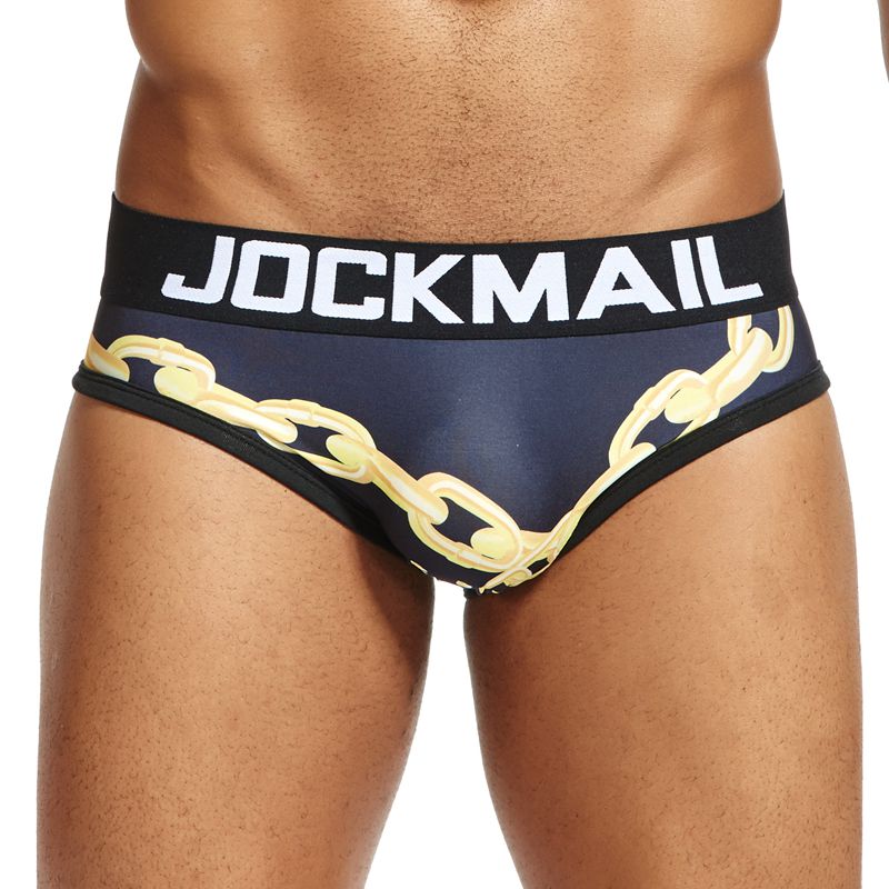 Black Jockmail brief underwear with a gold chain print and branded waistband