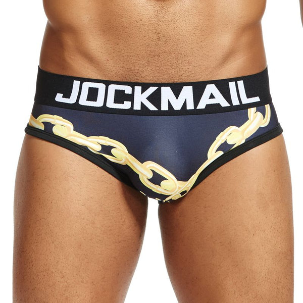 Black Jockmail brief underwear with a gold chain print and branded waistband