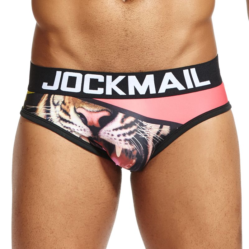 Tiger-print briefs with a black JOCKMAIL waistband and pink geometric panels