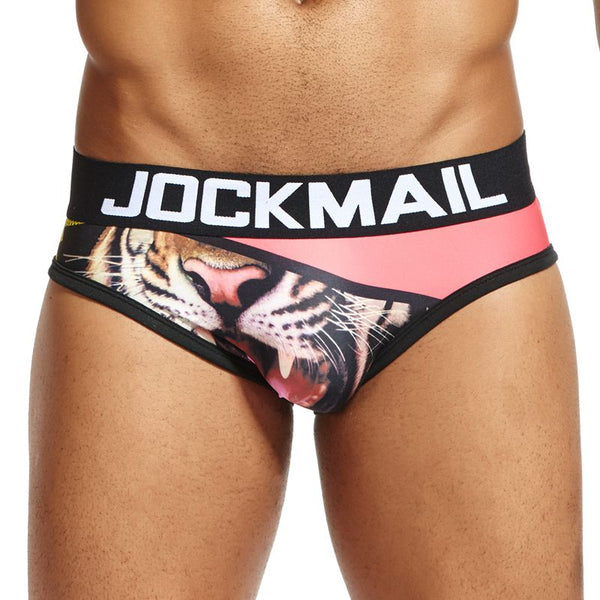 Tiger-print briefs with a black JOCKMAIL waistband and pink geometric panels