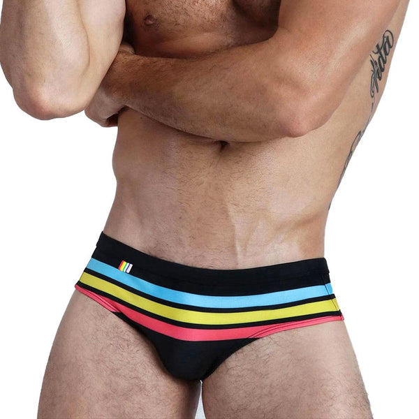 Black (no pad) Pride Stripe Swim Briefs by Queer In The World sold by Queer In The World: The Shop - LGBT Merch Fashion